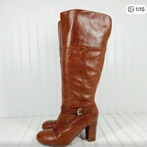 Audrey Brooke Women's Tall Brown Leather Heel Boots